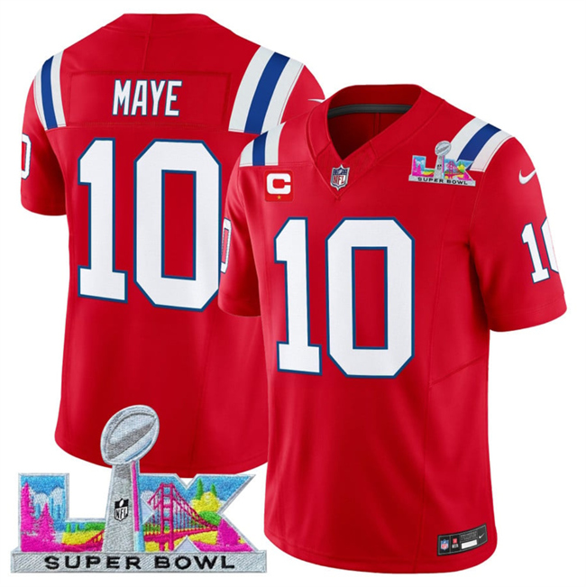 Men's New England Patriots #10 Drake Maye Red 2025 F.U.S.E. Super Bowl LX Patch And 1-Star C Patch Vapor Limited Stitched Football Jersey